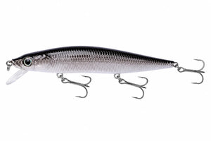 Black fish-shaped minnow lure with a diving lip and treble hooks on a plain background.
