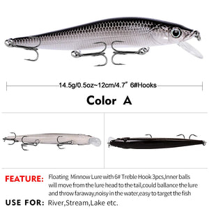 Specification chart showing a fish-shaped minnow lure with a diving lip and treble hooks.