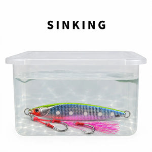Water test showing a sinking metal jig in a clear container.