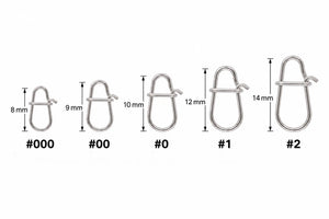Fishing lure snap clip size comparison: #000 (8 mm), #00 (9 mm), #0 (10 mm), #1 (12 mm), and #2 (14 mm).