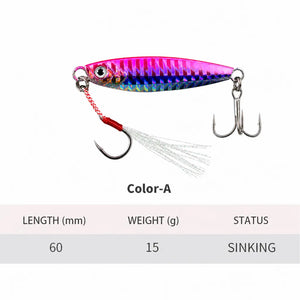 Specification chart showing a slim metal fishing jig with hooks.
