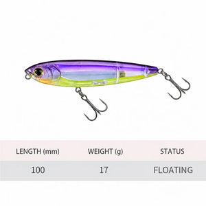Specification chart showing a slim floating pencil lure with two treble hooks.