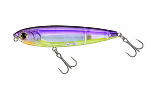 Purple and green slim floating pencil lure with two treble hooks on a plain background.