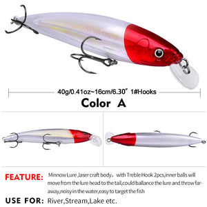 Specification chart showing a fish-shaped minnow lure with a diving lip and treble hooks.