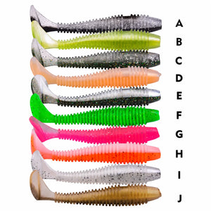Specification chart showing a soft plastic swimbait with a paddle tail.