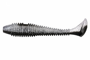 Black soft plastic swimbait with a paddle tail on a plain background.