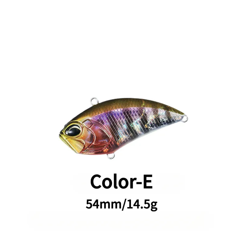 Specification chart showing a lipless hard fishing lure with treble hooks.