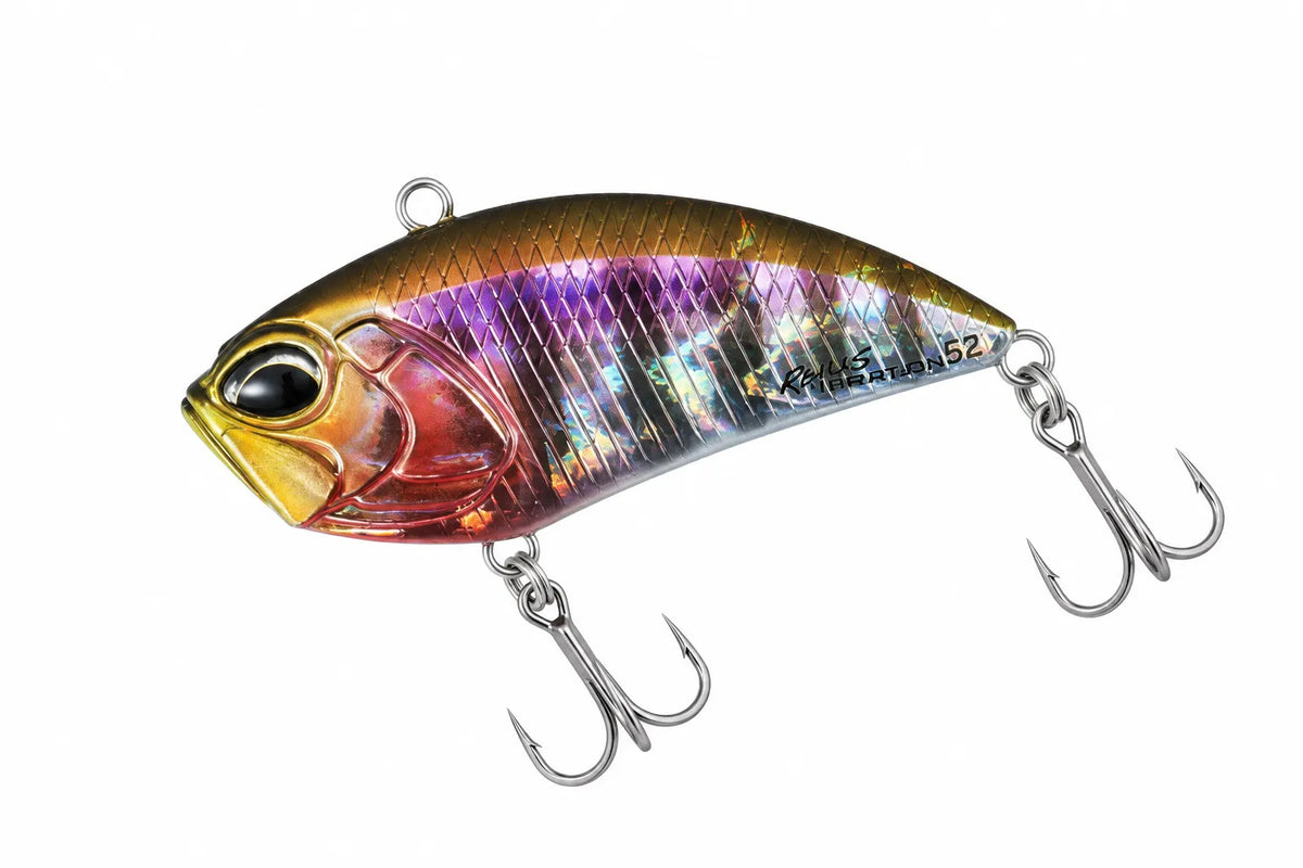 Red and orange lipless hard fishing lure with treble hooks on a plain background.