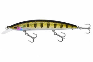 Yellow fish-shaped minnow lure with a diving lip and treble hooks on a plain background.