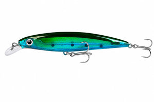 Blue fish-shaped minnow lure with a diving lip and treble hooks on a plain background.