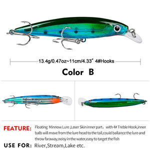 Specification chart showing a fish-shaped minnow lure with a diving lip and treble hooks.