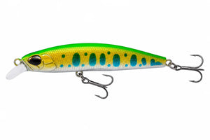 Green and yellow fish-shaped minnow lure with a diving lip and treble hooks on a plain background.