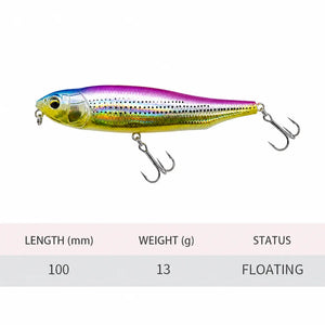Specification chart showing a slim floating pencil lure with two treble hooks.