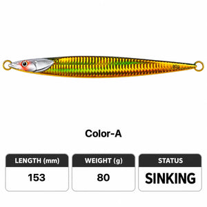 Specification chart showing a slim metal fishing jig with hooks.