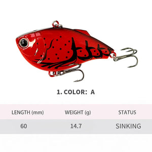 Specification chart showing a lipless hard fishing lure with treble hooks.