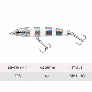 Specification chart showing a slim sinking pencil lure with two treble hooks.