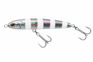 Silver slim sinking pencil lure with two treble hooks on a plain background.
