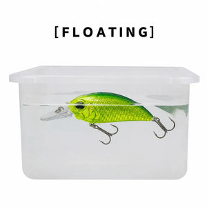 Water test showing a floating crankbait in a clear container.