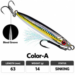 Specification chart showing a slim metal fishing jig with hooks.