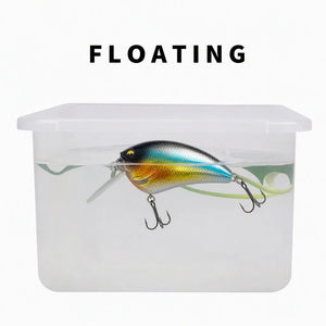 Water test showing a floating topwater popper in a clear container.