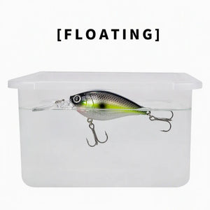 Water test showing a floating crankbait in a clear container.
