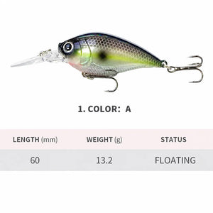 Specification chart showing a crankbait with a clear diving lip and two treble hooks.